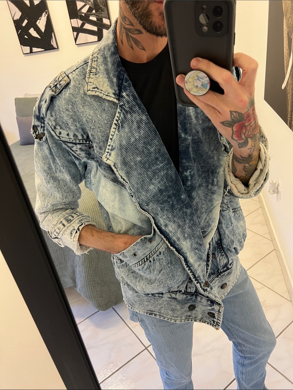True Vintage Light Wash Acid Denim Jacket Very Distressed